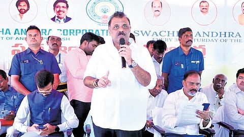 Revenue Minister Anagani Satya Prasad speaking at the Swachha Andhra-Swarna Andhra programme at Repalle on Saturday.