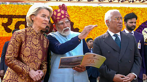Prime Minister Narendra Modi, centre, with President of the European Commission Ursula von der Leyen, left, and President of the European Council Antonio Costa during the 77th Republic Day Parade at Kartavya Path, in New Delhi, Jan. 26, 2026.
