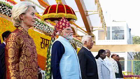From left, President of the European Commission Ursula von der Leyen, Prime Minister Narendra Modi, President of the European Council Antonio Costa, President Droupadi Murmu, Vice President CP Radhakrishnan, Defence Minister Rajnath Singh and MoS Sanjay Seth during the 77th Republic Day Parade, in New Delhi.