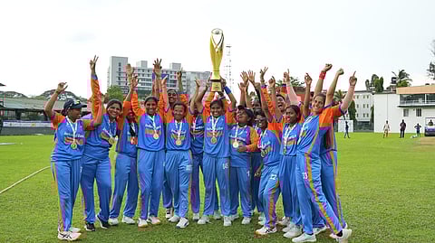India's players celebrate after their team's victory in the first Blind Women's Twenty20 World Cup 2025 final match.