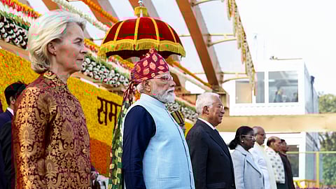 From left, President of the European Commission Ursula von der Leyen, Prime Minister Narendra Modi, President of the European Council Antonio Costa, President Droupadi Murmu, Vice President CP Radhakrishnan, Defence Minister Rajnath Singh and MoS Sanjay Seth during the 77th Republic Day Parade, in New Delhi.