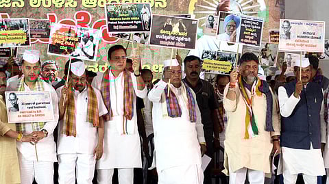 Congress party leaders during the protest 'Raj Bhavan chalo', against Centre's move to replace MGNREGA last week