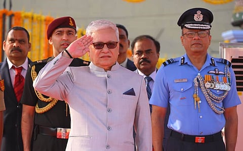 Governor Jishnu Dev Varma salutes during the Republic Day celebrations at Parade Ground in Secunderabad.