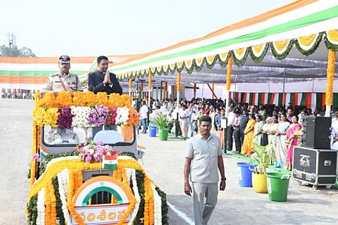 NTR District Collector G Lakshmisha inspects the Republic Day parade at IGMC stadium in Vijayawada on Monday