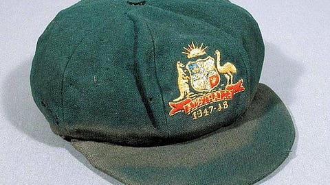 The cricket cap worn by Australian batsman Don Bradman during a test match against India in 1947-48, the last test match he played on Australian soil, is pictured in this undated handout photograph at a Melbourne auction house.