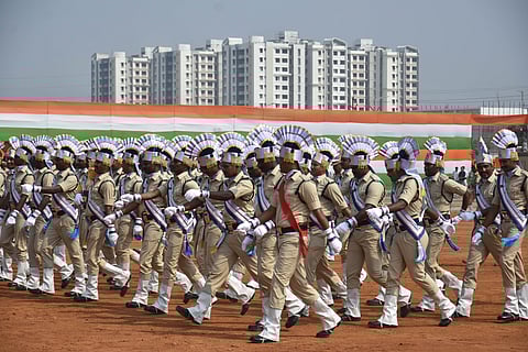 Contingents after the parade during Republic Day event near Rayapudi of Amaravati Capital Region on Monday.