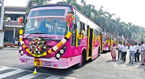 CM MK Stalin flagged off 10 pink buses for women at the Chennai Trade Centre in the presence of Deputy CM Udhayanidhi Stalin on Tuesday.