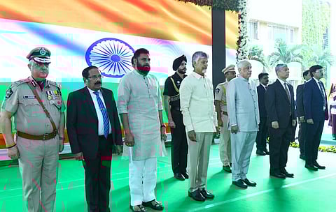 CM Nara Chandrababu Naidu, governor S Abdul Nazeer, deputy CM Pawan Kalyan, DGP Harish Kumar Gupta, CS K Vijayanand and HC CJ Justice Dhiraj Singh Thakur during At Home reception on the occasion of Republic Day at Lok Bhavan in Vijayawada on Monday.