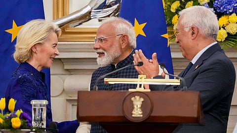 Prime Minister Narendra Modi with European Council President Antonio Costa, right, and European Commission President Ursula von der Leyen, left, during a joint press statement after their meeting at the Hyderabad House. (Photo | PTI)