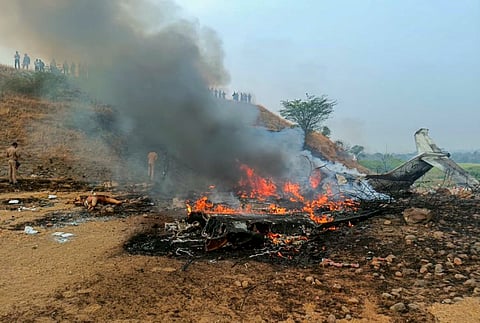 Maharashtra Deputy Chief Minister Ajit Pawar's plane in flames after it crashed during landing, at Baramati in Pune district, Maharashtra, Wednesday, Jan. 28, 2026.