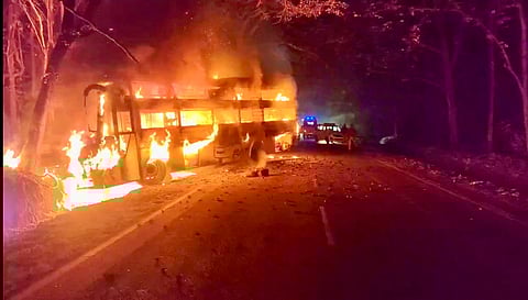 The private non-AC sleeper bus gutted in fire near Ripponpete in Shivamogga district on Wednesday.