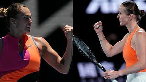 Aryna Sabalenka (L) and Elina Svitolina.