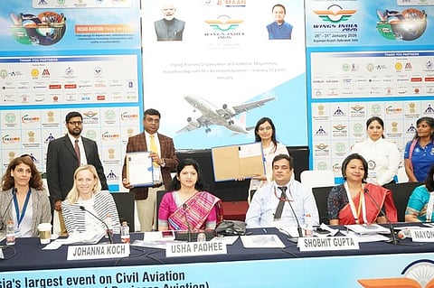 Principal secretary of Commerce and Transport Usha Padhee addressing a round table session at Wings India-2026 in Hyderabad on Wednesday.