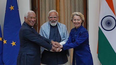 Prime Minister Narendra Modi welcoming European Council President Antonio Costa (left) and European Commission President Ursula von der Leyen before their meeting in New Delhi on Tuesday
