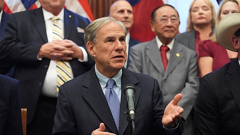 FILE - Texas Gov. Greg Abbott speaks to the media at the Texas Capitol in Austin, Texas, Aug. 22, 2025.