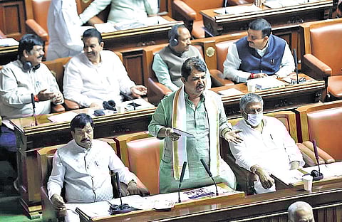 Leader of Opposition in the Assembly and senior BJP MLA R Ashoka makes a point in the Assembly on Wednesday.