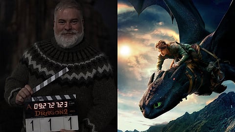 L - Dean DeBlois; R - A poster from the live-action How to Train your Dragon movie (2025)