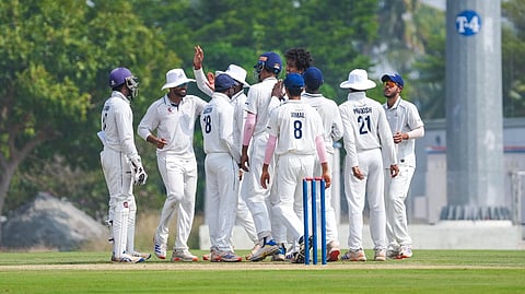 Tamil Nadu players celebrate a wicket on Day 1 of their Ranji Trophy match against Baroda in Salem
