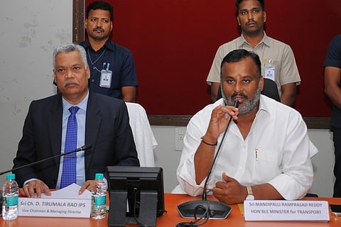 Transport minister Mandipalli Ramprasad Reddy and APSRTC MD Ch Dwaraka Tirumala Rao addressing the press conference here at RTC Headquarters on Wednesday.