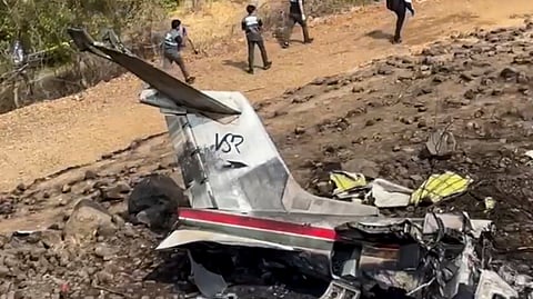 Remains of Maharashtra Deputy Chief Minister Ajit Pawar's plane that crashed during landing, near Baramati in Pune district, Maharashtra, Wednesday, Jan. 28, 2026. Pawar, along with four others on board, was killed in the crash.