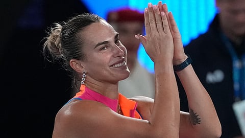 Aryna Sabalenka of Belarus celebrates after defeating Elina Svitolina of Ukraine in their semifinal match at the Australian Open tennis championship in Melbourne. (Photo | AP)