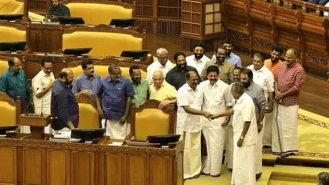 Chief Minister Pinarayi Vijayan and Finance Minister KN Balagopal before the commencement of Budget speech in Assembly hall on Thursday