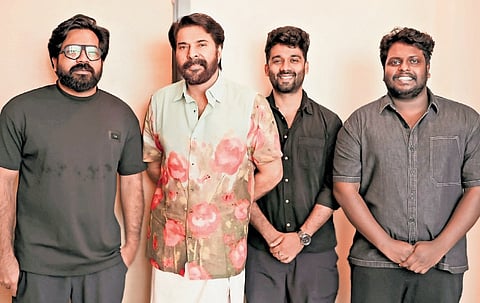 Anurag with Mammootty, director Nithish Sahadev (sporting specs) and production designer Agnivesh Ranjith