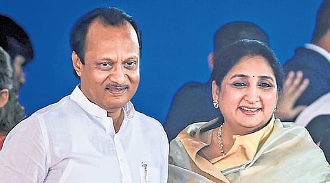 A file picture of deceased NCP leader Ajit Pawar with wife Sunetra in Mumbai.