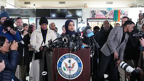 Rep. Ilhan Omar, D-Minn., speaks during a press conference on Wednesday, Jan. 28, 2026, in Minneapolis.