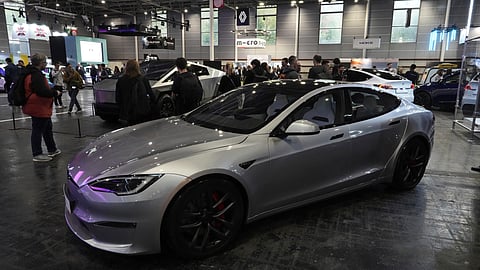 FILE - A Tesla Model S is pictured at the Paris Auto Show, in Paris, Oct. 14, 2024