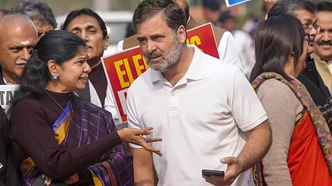 DMK MP Kanimozhi with Congress leader and LoP Rahul Gandhi.