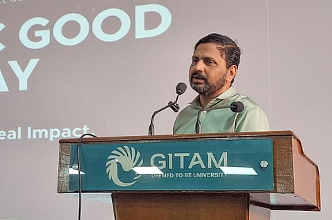 Katamaneni Bhaskar, Secretary of the Information Technology, Electronics, and Communications (ITE&C) Department, addressing the "TechBharat: AI for Public Good" summit held at GITAM Deemed to be University in Visakhapatnam on Wednesday.