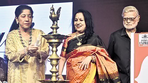 Chief guest Mallika Srinivasan, CMD of TAFE, inaugurating the 37th Devi Awards, as TNIE CEO Lakshmi Menon & Editorial Director Prabhu Chawla look on
