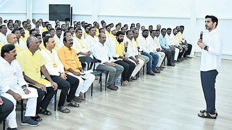 IT Minister N Lokesh addressing TDP leaders at the ongoing training camp.