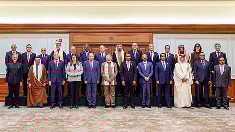 Prime Minister Narendra Modi, centre, poses for pictures with the Foreign Ministers and delegations of the Arab League, in New Delhi. Union Foreign Affairs Minister S Jaishankar, left, and National Security Advisor Ajit Doval, right, are also seen.