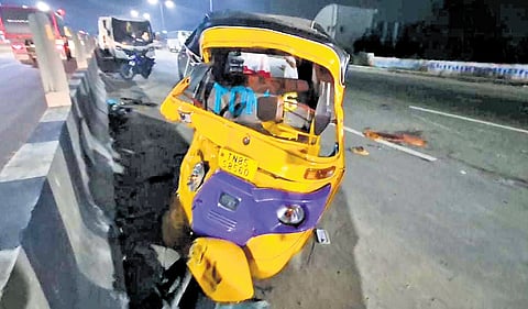 The auto carrying five persons was trying to cross the NH when an oncoming lorry crashed into it.