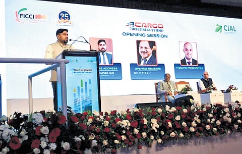 CIAL managing director S Suhas delivers the opening remarks at the International Cargo Business Summit on Saturday