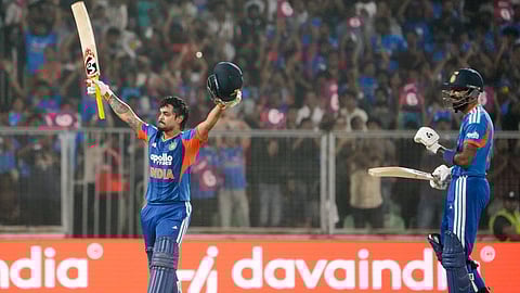 India's Ishan Kishan, left, celebrates his century with Hardik Pandya during the fifth and final T20 International cricket match between India and New Zealand, at the Greenfield International Stadium, in Thiruvananthapuram, Kerala, Saturday, Jan. 31, 2026.