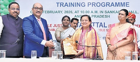 Justice Gita Mittal, Chairperson of the Supreme Court-appointed Vulnerable Witness Committee during a training programme organised by Supreme Court’s Vulnerable Witness Committee and the AP High Court’s VWDC Committee at SR Sankaran Hall in Guntur on Sunday