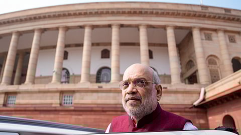 Union Home Minister Amit Shah after the presentation of the 'Union Budget 2026-27', at the Parliament premises in New Delhi, Sunday, Feb. 1, 2026.