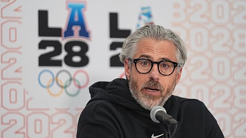 FILE - Casey Wasserman, LA28 chairperson and president, takes questions from the media during a news conference in Los Angeles, Thursday, June 5, 2025