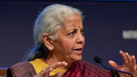 Union Finance Minister Nirmala Sitharaman addresses a press conference after the presentation of the 'Union Budget 2026-27', in New Delhi, Sunday, Feb. 1, 2026.