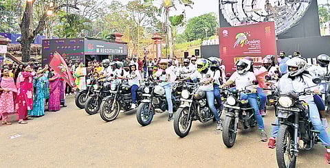 A women’s bullet rally being flagged off at Kanakakunnu Palace on Sunday as part of Escalera Women’s Fest 2026
