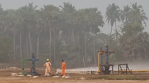In the early hours, white smoke spread across the agricultural fields on the outskirts of Turpupalem village, resembling winter fog.