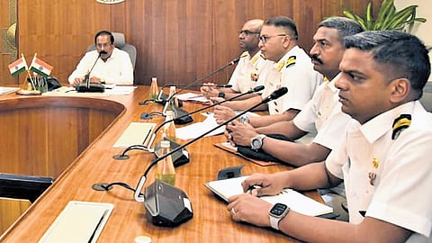 ENC Chief of Naval Command Vice Admiral Sushil Menon and other officers during a meeting with Chief Secretary K Vijayanand at the State Secretariat.