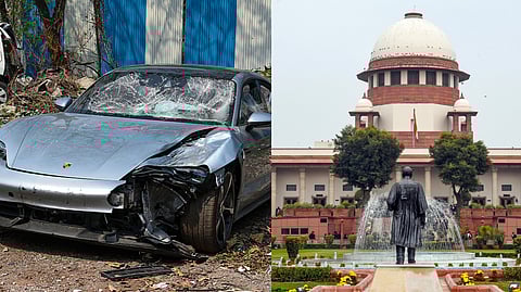 In this May 20, 2024, photo, the Porsche allegedly driven by a 17-year-old in a fatal Pune crash is seen without a number plate.
