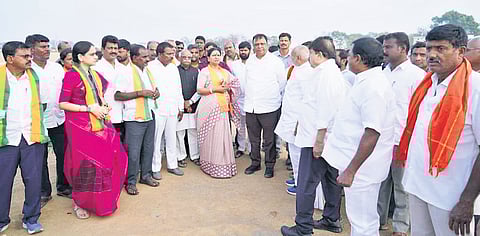 BJP state president N Ramchander Rao and MP DK Aruna inspect arrangements being made for a public meeting in Mahbubnagar