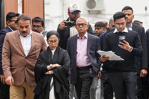 West Bengal CM Mamata Banerjee and TMC MP Abhishek Banerjee, in South Avenue area, New Delhi, Monday, Feb. 2, 2026. Mamata is scheduled to meet Chief Election Commissioner (CEC) Gyanesh Kumar on Monday to discuss the ongoing SIR exercise in West Bengal.