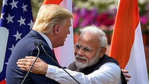 In this image from February 2020, Prime Minister Narendra Modi is seen hugging US President Donald Trump during the Namaste Trump event, during the latter's visit to New Delhi.