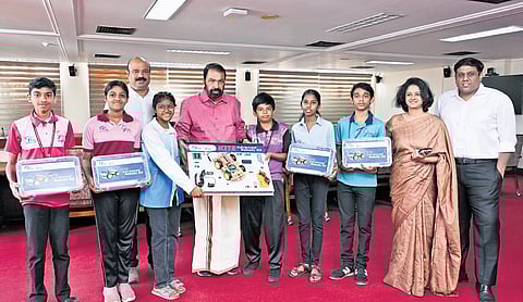 General Education Minister V Sivankutty inaugurating the state-level distribution of KITE’s Advanced Robotic Kits for high schools. General education secretary K Vasuki, director NSK Umesh, and KITE CEO K Anvar Sadath are also seen